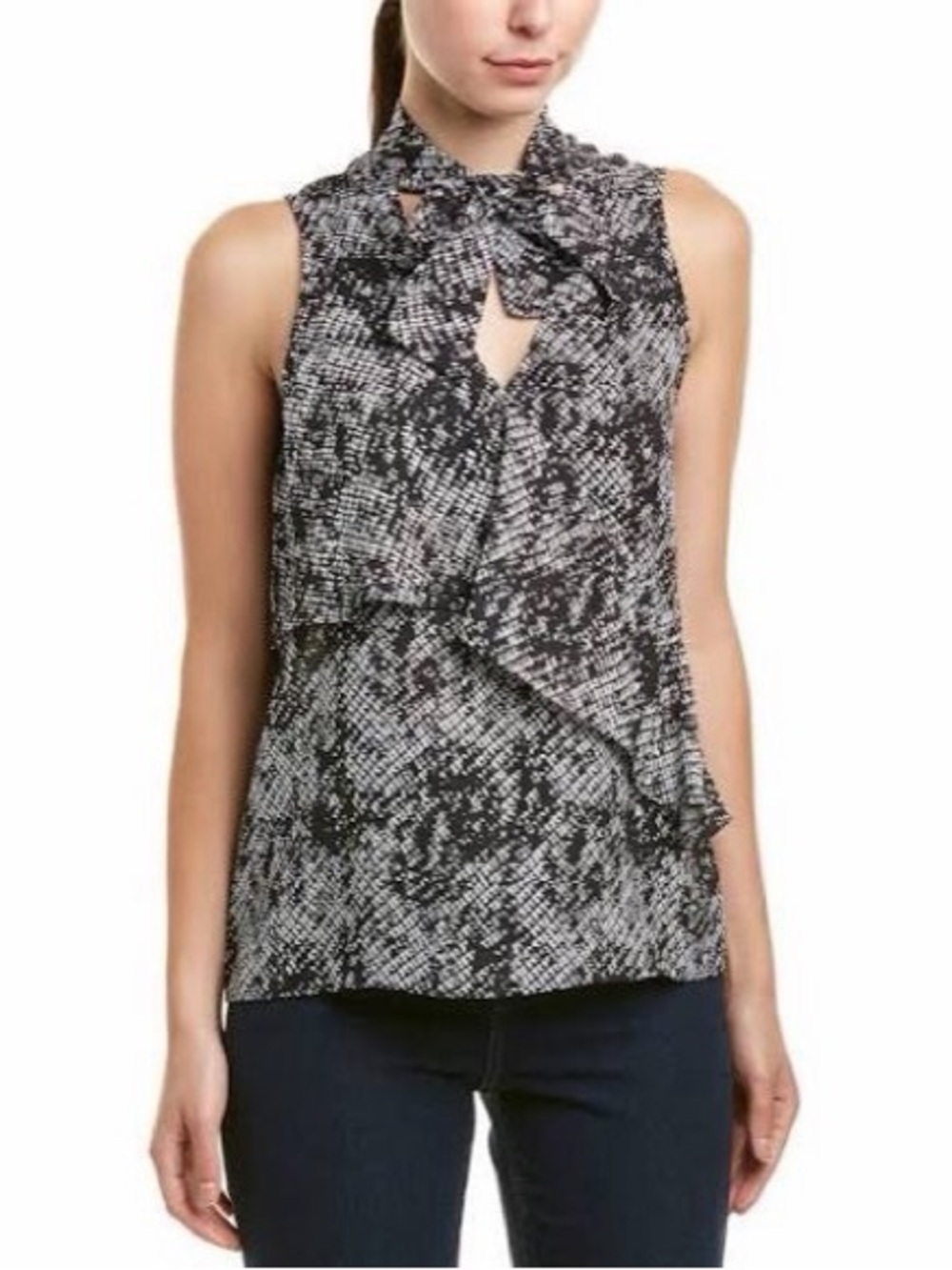 NWT: Parker Snakeskin Sleeveless Blouse Black Womens Large Ruffled Tank